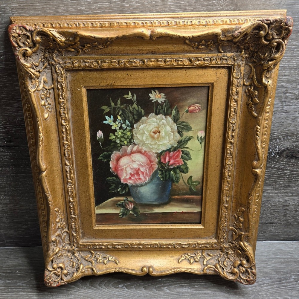 Vintage Floral Still Life Oil Painting Signed J. Moran Gold Ornate Frame Decor